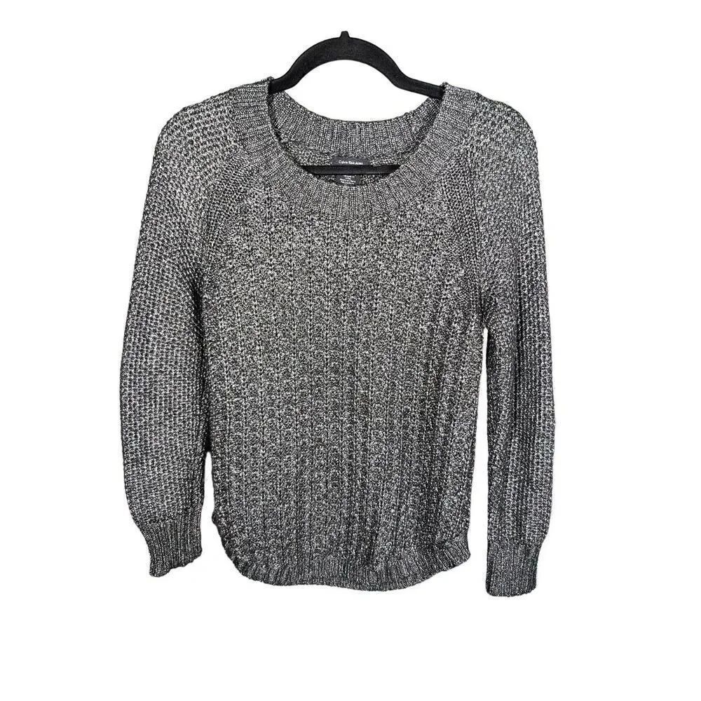 Calvin Klein Crochet Knit Women Large Silver Pullover Sweater Long Sleeve Medium